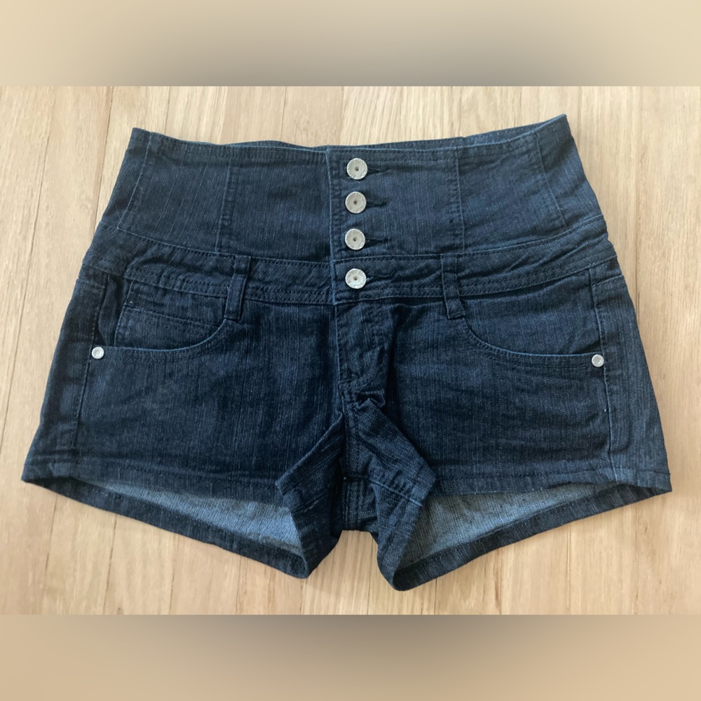 Y2K Almost Famous Dark Denim Shorts High Rise Button Fly Pinup Shorty Coquette